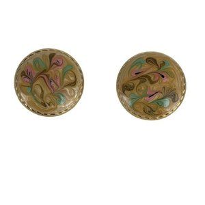 Vtg Swirled Enamel Round Earrings Gold Tone Glitter Sparkle Champagne Mint Pink